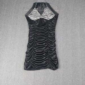 TABOO WOMENS Y2K BLACK WHITE ZEBRA RUCHED PARTY HOMECOMING MINI HALTER DRESS L